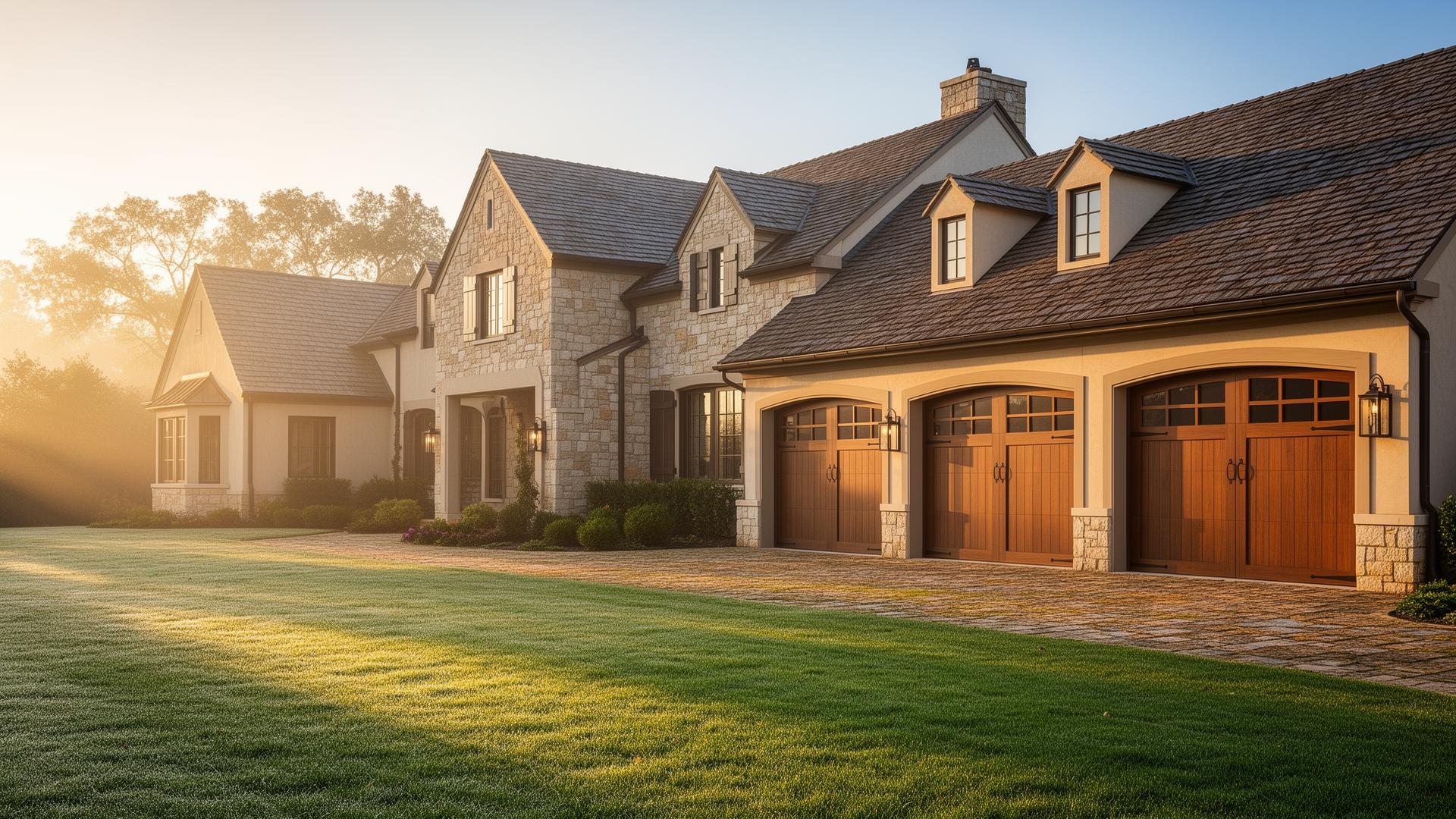 Craftsman style garage doors with rectangular windows on luxury French country estate home in Orlando